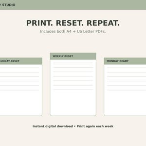 Könnte beinhalten: Eine digitale Planervorlage mit dem Titel PRINT. RESET. REPEAT. mit drei Abschnitten namens SUNDAY RESET, WEEKLY RESET und MONDAY READY. Jeder Abschnitt enthält linierte Bereiche für Notizen. Das Design zeigt salbeigrüne Kopfzeilen auf cremefarbenem Grund.