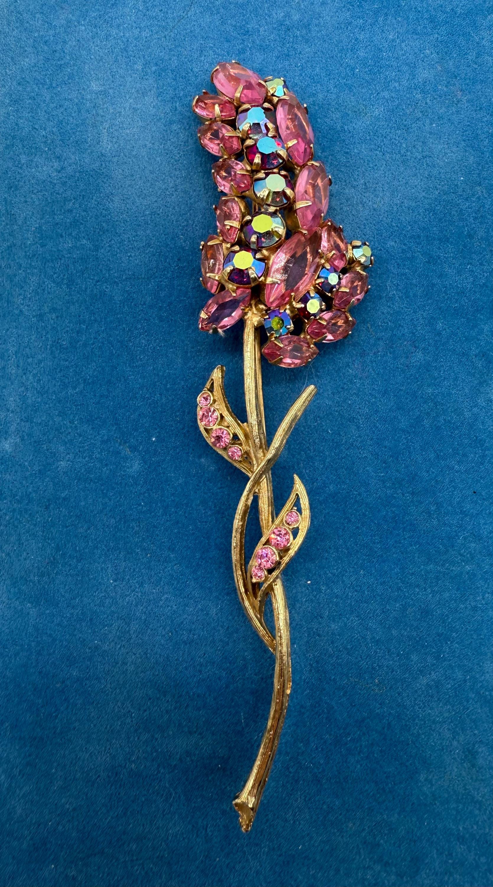 Pink Rhinestone & AB Flower Brooch Tall Statement Pin - Etsy