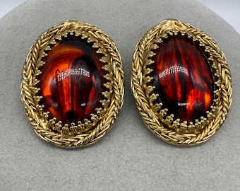 Vintage Hattie Carnegie Oval Glass Cabochon Clip Earrings with Roped Metal Frame, Topaz Colored