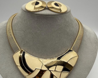Vintage Trifari Geometric Omega Chain Necklace and Clip Earring Set: Kunio Matsumoto Style