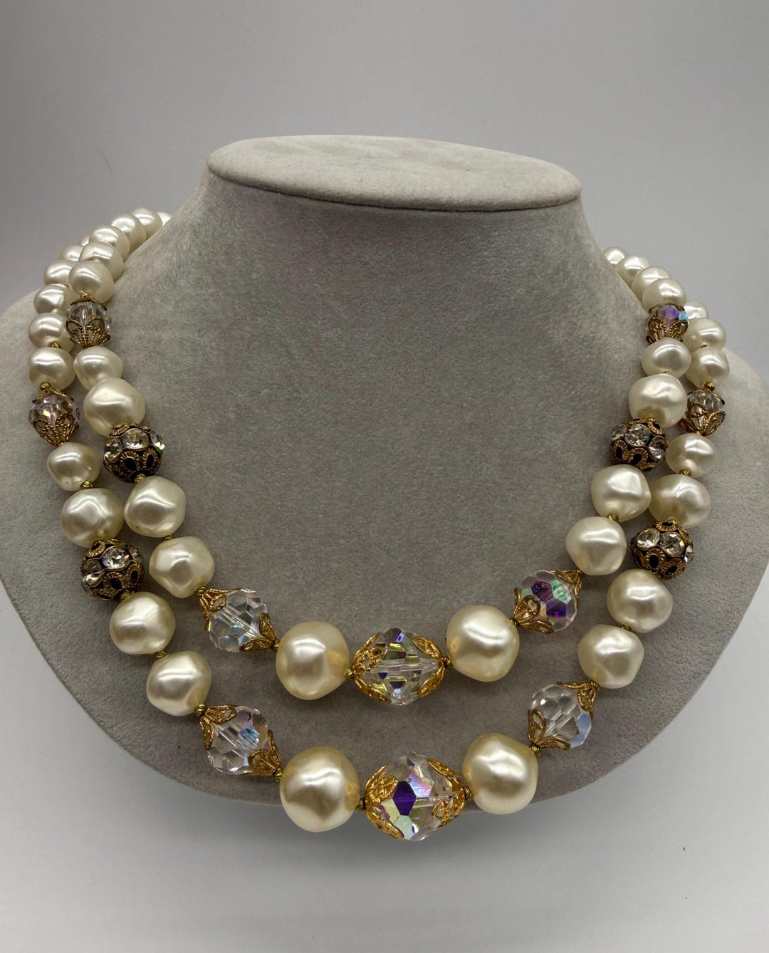 Vintage Double Strand Baroque Pearl and Crystal Necklace With ...