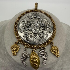 Vintage Unsigned Goldette Two-Tone Art Nouveau Lady Dangle Pendant