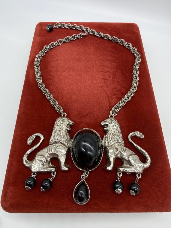 Vintage Donald Stannard Twin Lion Necklace - Black Lucite Gothic Statement View 6