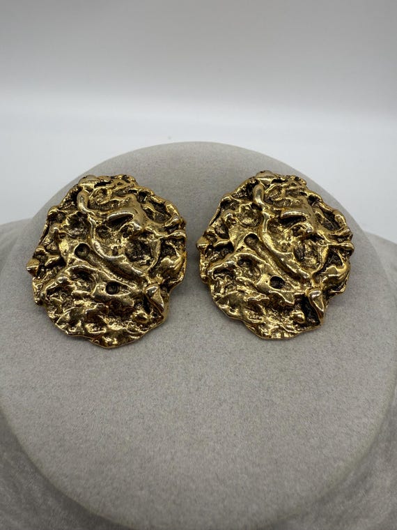 Vintage Gold Tone MAXINE DENKER Brutalist Clip on Statement Earrings