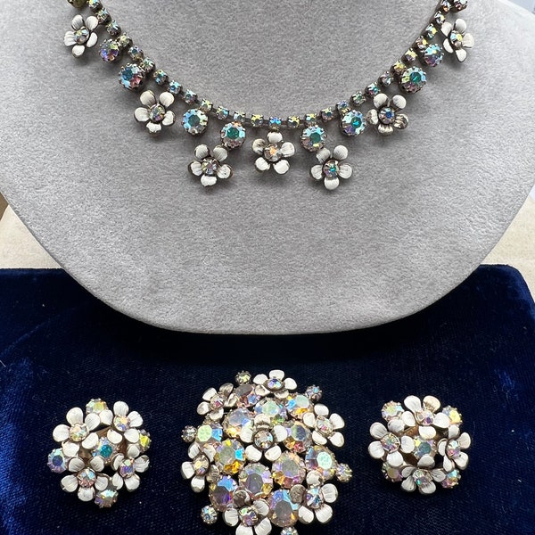 WEISS Necklace Brooch and Earring AB Rhinestone Floral Silver tone Set