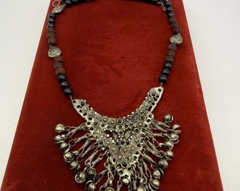 Hand Carved Rose Wood Egyptian Pendant Bib Necklace with Jingle Bells and Black Jade