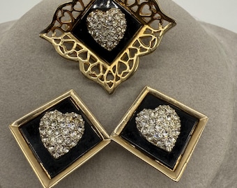 Signed Ledo Rhinestone Heart Brooch and Clip Earring Set