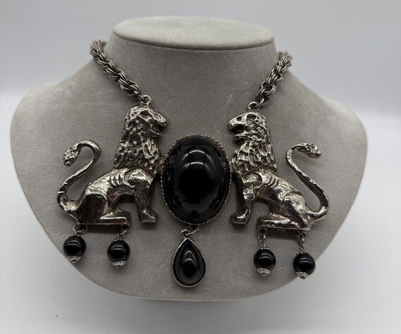 Vintage Donald Stannard Twin Lion Necklace - Black Lucite Gothic Statement
