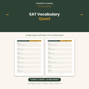 May include: A digital study guide titled SAT Vocabulary Quest by Homeroot Planning. The dark green graphic displays the text 60 High-Frequency SAT Words, 4 Tiers, Full Active Recall above two white pages showing vocabulary lists and definitions.