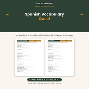 Pode incluir: Um pacote de fichas educativas digitais intitulado Spanish Vocabulary Quest da Homeroot Planning. O cabeçalho verde escuro apresenta texto branco e dourado. Duas páginas brancas exibem listas de palavras em espanhol com traduções.