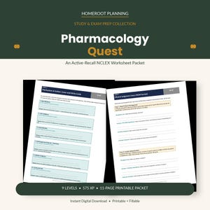 Quête de pharmacologie | Ensemble de feuilles de travail pour l'étude NCLEX | Cahier d'exercices sur le rappel actif de l'école d'infirmières | Imprimable + Modifiable | Téléchargement instantané