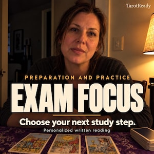 May include: A person sits behind a purple cloth with three tarot cards and a deck of cards. Text reads: TarotReady, PREPARATION AND PRACTICE, EXAM FOCUS, Choose your next study step. Personalized written reading.