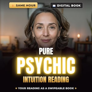 May include: A digital book cover featuring a person with shoulder-length brown hair and gold hoop earrings. The text reads: SAME HOUR, DIGITAL BOOK, PURE PSYCHIC INTUITION READING, and YOUR READING AS A SWIPEABLE BOOK. The background is a blurred room.