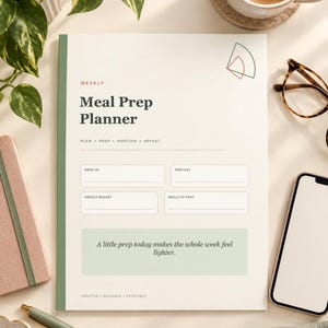 May include: A white weekly meal prep planner sheet with dark green accents and text that reads Meal Prep Planner, Plan Prep Portion Repeat, Week Of, Prep Day, Weekly Budget, Meals To Prep, and A little prep today makes the whole week feel lighter.