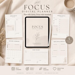 May include: A digital planner set displayed on a tablet screen with a stylus, featuring five distinct page layouts including daily, weekly, and monthly planners, a habit tracker, and reflection pages, all with a neutral beige aesthetic and botanical line art.