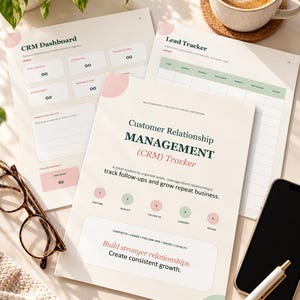 Op de afbeelding: Een Customer Relationship Management (CRM) tracker document met een crèmekleurige achtergrond, voorzien van donkergroene en roze tekst. De pagina bevat een grafische weergave van een proces in vijf stappen, secties voor contactbeheer en de titel Customer Relationship Management (CRM) Tracker.