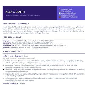 May include: A professional resume for Alex J. Smith, a software engineer with six years of experience. The document includes contact details, a professional summary, technical skills in JavaScript and Python, and work history at Stripe, Airbnb, and Twilio.