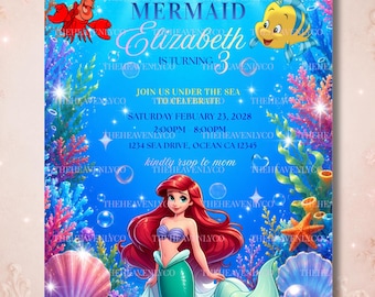 May include: A rectangular birthday invitation card featuring an underwater theme with a red-haired mermaid, a red crab, and a yellow fish. The text reads: OUR LITTLE MERMAID Elizabeth IS TURNING 3 JOIN US UNDER THE SEA TO CELEBRATE SATURDAY FEB 23, 2028.