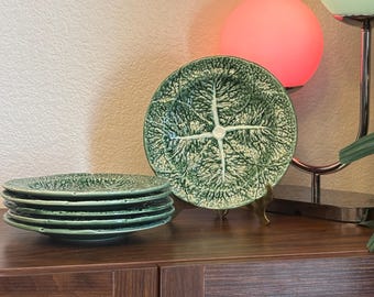 Vintage Bordallo Pinheiro Cabbage Leaf Salad Plates Set of 6 | Portugal Majolica | Green Lettuce Plates | Cottagecore | Farmhouse Tableware
