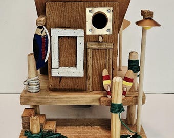 Cedar Birdhouse, handcrafted for small birds, modeled like a rustic dock shack