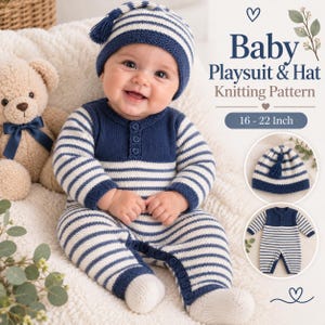 Puede incluir: Un conjunto de punto para bebé que incluye un pelele y un gorro con rayas horizontales en azul marino y blanco. El pelele tiene un panel frontal azul marino liso con tres botones y cierre de botones en la pierna. Texto: Baby Playsuit & Hat Knitting Pattern 40 - 56 cm.