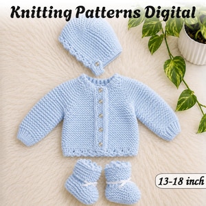 May include: A light blue knitted baby set consisting of a long-sleeved cardigan with five buttons, a matching bonnet, and two booties with white ribbon ties. The text Knitting Patterns Digital and 13-18 inch are visible on the image.