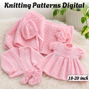 May include: A set of light pink knitted baby clothing including a dress, a cardigan, a bonnet, and two pairs of booties. The text Knitting Patterns Digital and 18-20 inch is visible. The items feature textured patterns, small bows, and ribbed details.