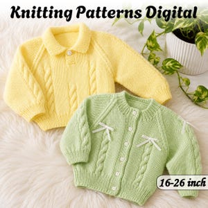 Peut inclure: Un pull en tricot jaune avec un col et un bouton, et un gilet en tricot vert clair avec un col rond, cinq boutons et des petits nœuds en ruban blanc. Le texte Knitting Patterns Digital et 16-26 inch est visible sur l'image.