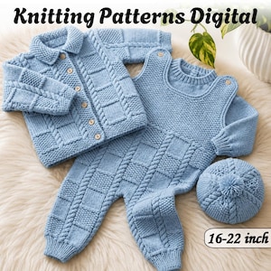 May include: A light blue knitted set featuring a long-sleeve button-up cardigan, a sleeveless romper with cable knit and textured square patterns, and a matching pom-pom hat. The text Knitting Patterns Digital and 16-22 inch is visible.