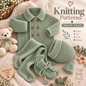 Peut inclure: Un ensemble tricoté vert sauge pour bébé comprenant une veste croisée à quatre boutons marron, un bonnet assorti avec pompon, une écharpe et des chaussons à lacets. Le texte indique Knitting Patterns, Sizes 18 - 22 inch, Jacket, Hat, Scarf, Mittens.