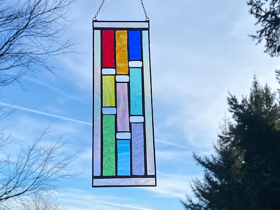 Rainbow + Iridescent Vertical Stained Glass Panel • Suncatcher