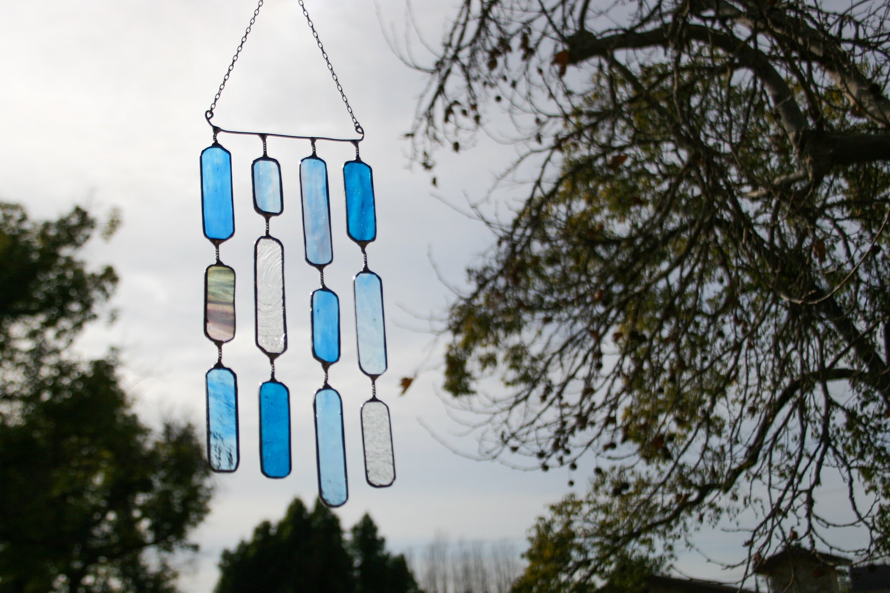 Blue 4 String Glass Rectangle • Mobile • Suncatcher • Wall Hanging