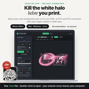 Pode incluir: Uma interface de aplicação de desktop intitulada PNG Alpha Cleaner exibida num ecrã de portátil. O software apresenta um tema escuro com detalhes verdes, mostrando uma pré-visualização de um gráfico rosa com o texto Eternal.