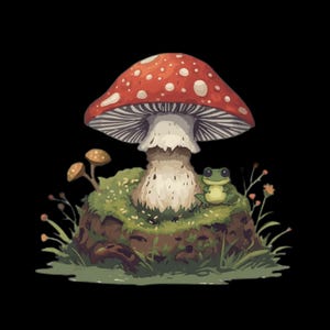 May include: A large red mushroom with white spots sits on a mossy patch of earth. A small green frog is positioned next to the mushroom stem. Two smaller brown mushrooms grow nearby, surrounded by thin green grass and tiny orange flowers.