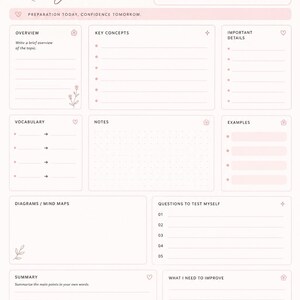 Op de afbeelding: Een lichtroze studieplanner-pagina met secties voor onderwerp, thema, datum en studiesessies. De lay-out bevat gebieden voor overzicht, kernconcepten, belangrijke details, woordenschat, notities, voorbeelden, diagrammen, vragen en samenvatting.