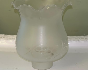 Colonial style glass lamp shade featuring a frosted finish and an etched grape pattern