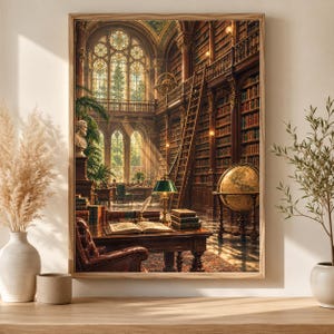 May include: A framed wall art print depicting a grand library interior with tall wooden bookshelves, a rolling ladder, a large globe on a stand, a leather armchair, and an open book on a desk, all illuminated by sunlight through arched windows.