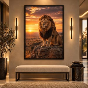 Lion Wall Art, Golden Sunset African, Golden Savanna Sunset Print, Dramatic Safari Wildlife Home Decor