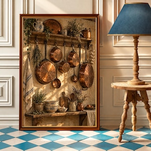 May include: A framed wall art print depicting a rustic kitchen scene with copper pots and pans hanging from a wooden shelf. The image features ceramic bowls, dried herbs, and kitchen utensils arranged on a wooden counter against a textured wall.