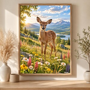 May include: A framed wall art print featuring a young deer standing in a vibrant meadow filled with white, yellow, and pink wildflowers. The background displays a serene lake, lush green pine trees, and distant mountains under a bright sunrise.