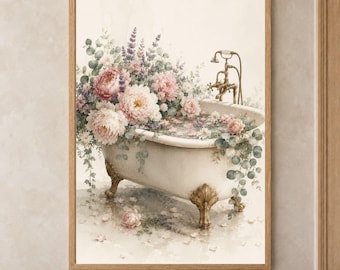 Floral Bathtub Wall Art, Romantic Bathroom Print, Cottagecore Peony Decor, Vintage Clawfoot Tub Artwork