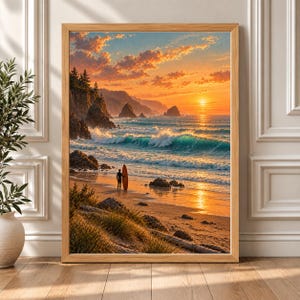 May include: A framed wall art print depicting a coastal landscape at sunset. The scene features a sandy beach with rocky cliffs, turquoise ocean waves, and a silhouette of a person holding an orange surfboard standing near the water's edge.