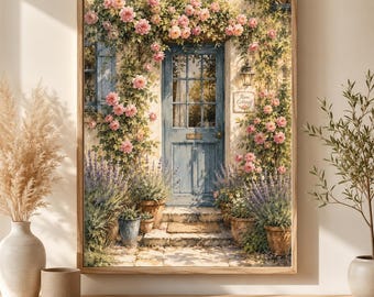 Peut inclure: Une impression d'art encadrée représentant une porte de cottage bleue entourée de rosiers grimpants roses et de lavandes dans des pots en terre cuite. Un panneau indique Rose Cottage. La scène montre des marches en pierre et une lanterne.