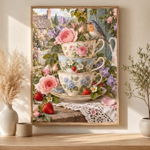 Könnte beinhalten: Ein gerahmter Kunstdruck, der einen Stapel aus drei blumigen Teetassen auf einem mit Spitze bedeckten Tisch zeigt. Die oberste Tasse ist mit rosa Rosen verziert, die mittlere mit weißen Blüten und Erdbeeren, die unterste mit blauen Hortensien.