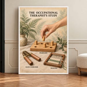 May include: A poster titled THE OCCUPATIONAL THERAPIST'S STUDY featuring a wooden pegboard with pegs, a metal and wood hand exerciser, and a small wooden weaving loom. The text labels PEGBOARD, HAND EXERCISER, and WEAVING appear below each item.