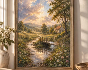 Quadro da parete con fiume in campagna, paesaggio di prato fiorito, cottage arcobaleno, download digitale