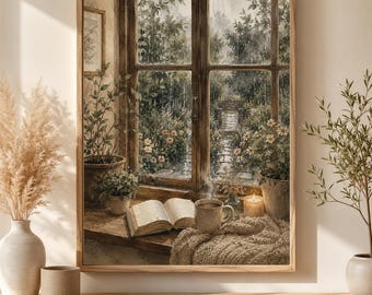 Peut inclure: Une impression d'art mural encadrée représentant une vue sur un jardin pluvieux à travers une fenêtre en bois. Sur le rebord se trouvent un livre ouvert, une tasse en céramique fumante, une bougie allumée et des plantes en pot aux tons neutres.