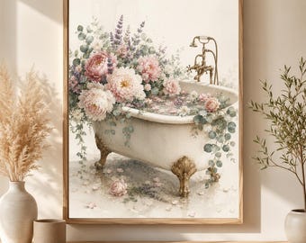 Peut inclure: Une impression d'art encadrée représentant une baignoire blanche sur pieds remplie d'eau et débordante de pivoines roses, de brins de lavande et de feuilles d'eucalyptus vertes. Un robinet en laiton est fixé à la baignoire, avec des pétales éparpillés.