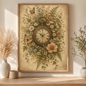 Vintage Pocket Watch Wall Art Print, Cottagecore Botanical Clock Unframed Poster, Museum-Quality Matte Paper Poster, Floral Home Decor