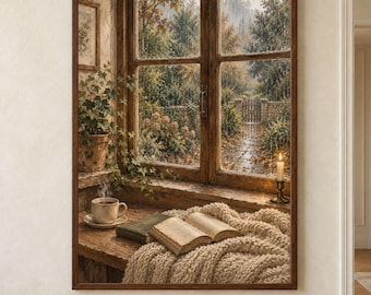 Reading Nook Wall Art, Cozy Cottage Window Print, Book Lover Artwork, Cottagecore Home Library Decor